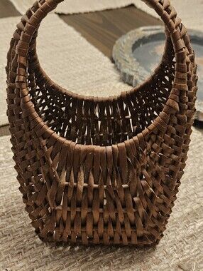 Vintage Handwoven Brown Wicker Basket Bag 5 1/2 X 9 In